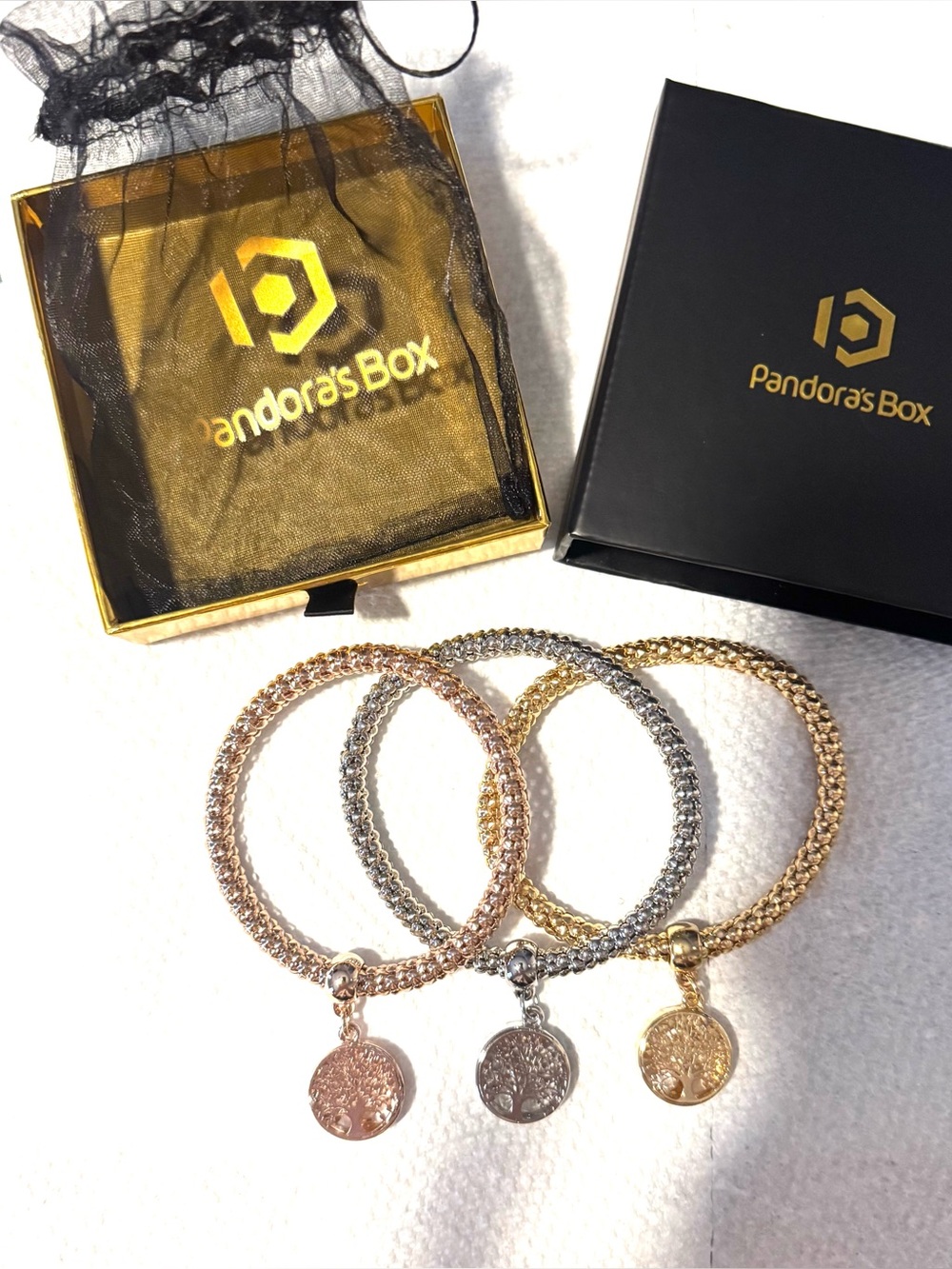 Pandora's Box Tree of Life Charm Stretch Bracelet Set - Gold, Silver, Rose Gold